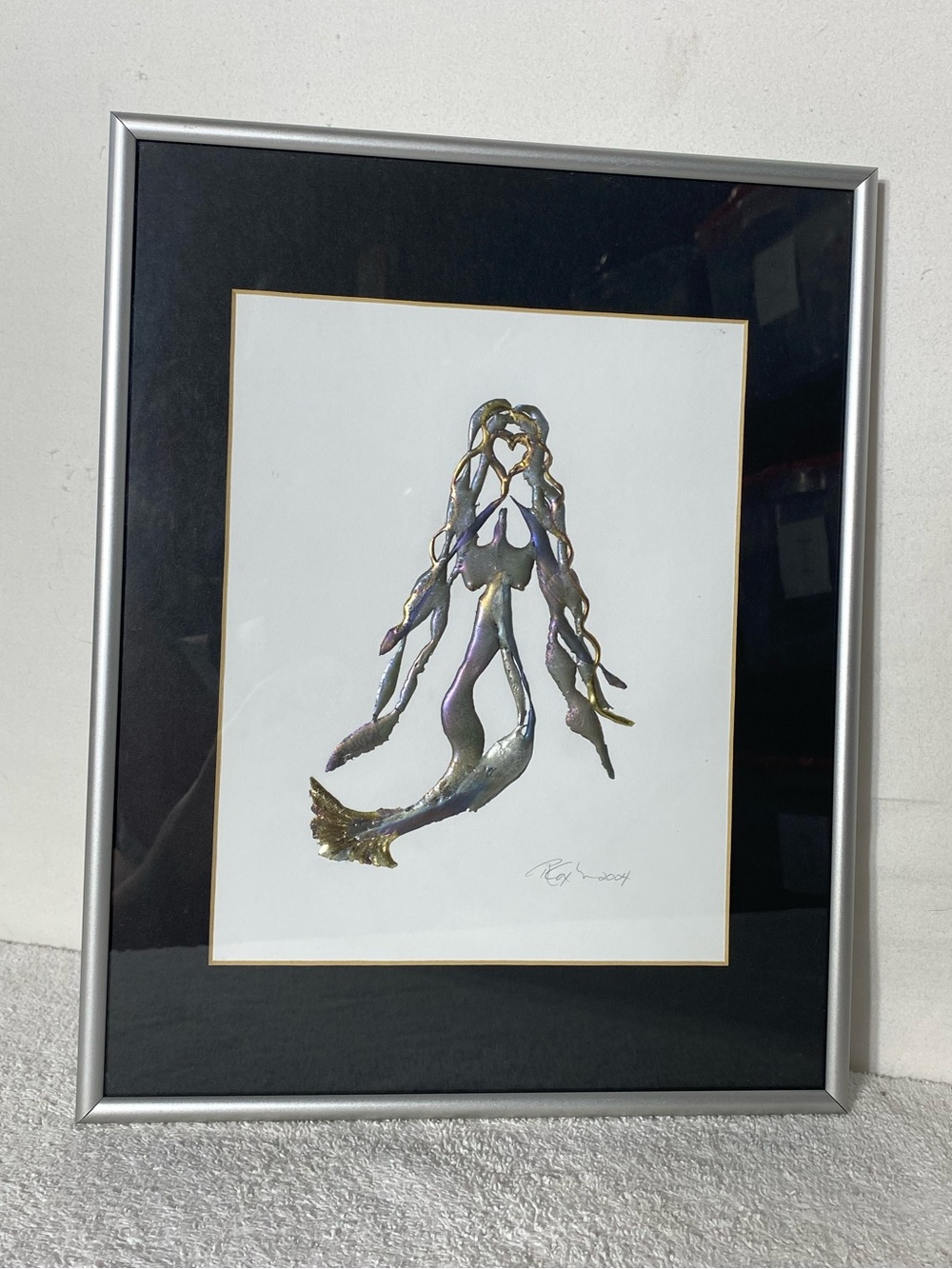 Vintage Raymond Cox Framed Hand Wrought Pewter Metallic Mermaid Wall Art